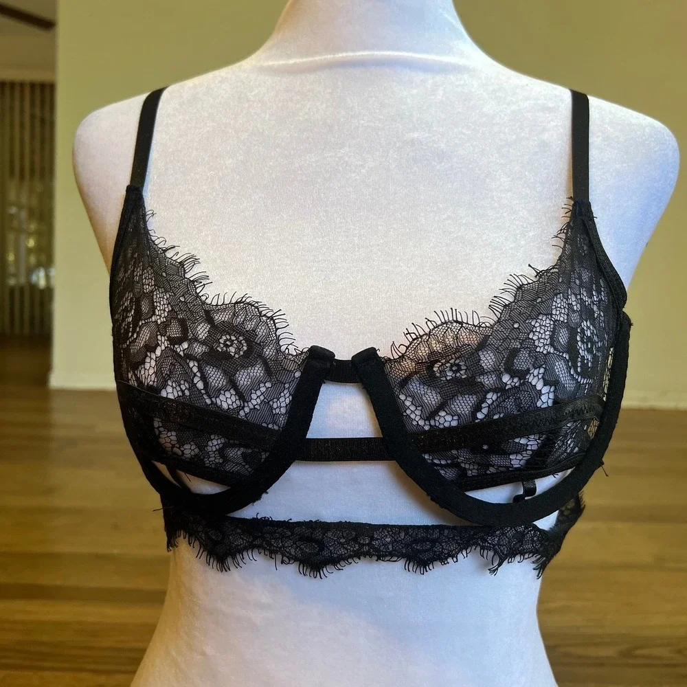 PrettyLittleThing Black Eyelash Lace Bralette Strappy Cut Out Lingerie Top XS