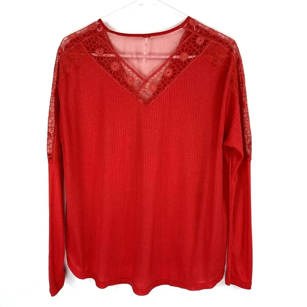 Free People Top Size XS Lola Tee Embroidered Mesh Lace V Neck‎ $78