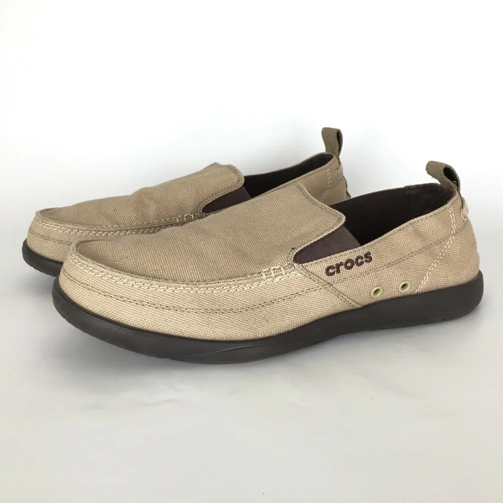 CROCS Walu Men’s Beige Canvas Slip-On Loafer Shoes with Dark Brown Sole Size 13
