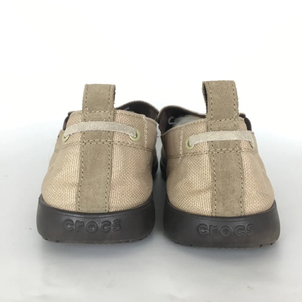 CROCS Walu Men’s Beige Canvas Slip-On Loafer Shoes with Dark Brown Sole Size 13