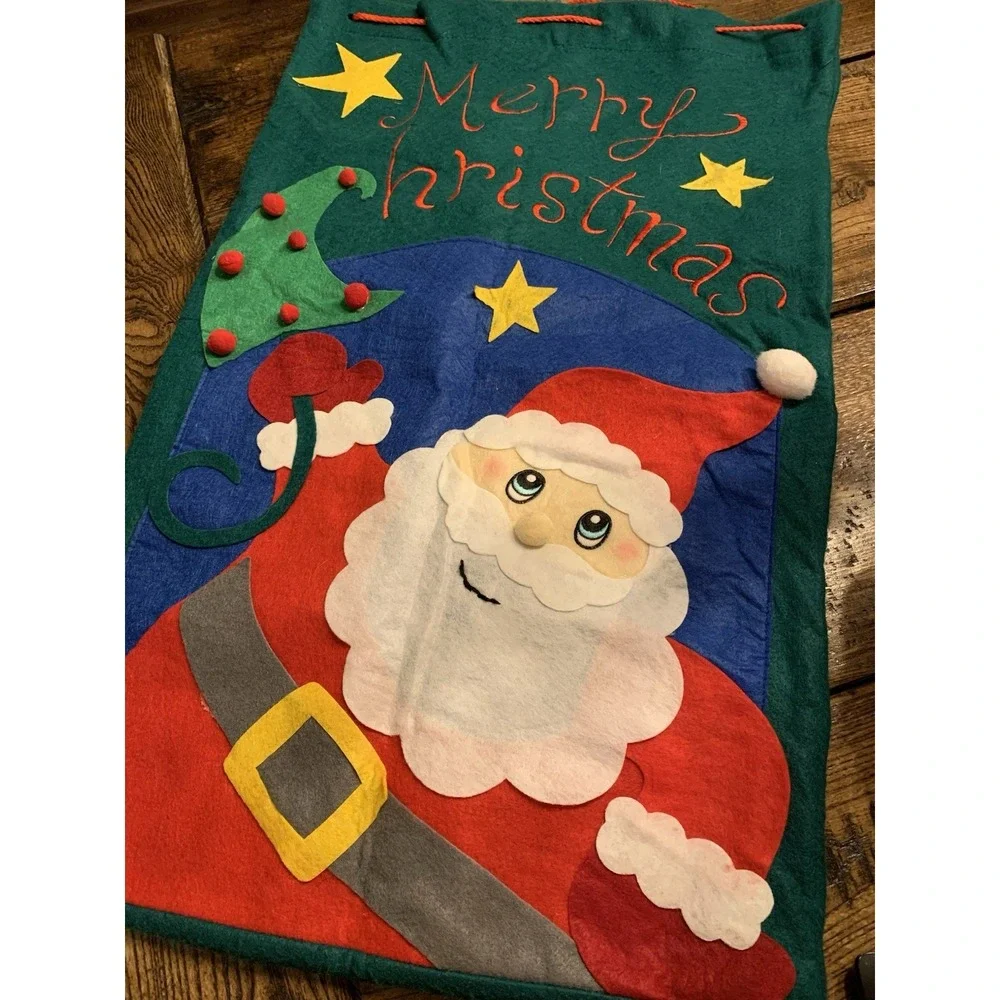 Vintage Felt Christmas Gift Bags Appliqué Drawstring 18‎ X 29