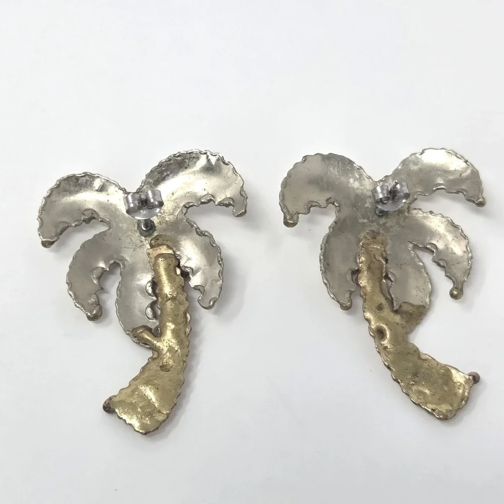Palm Trees Coconuts Vintage Earrings Mixed Metals Gold & Silver‎ Plated Brass