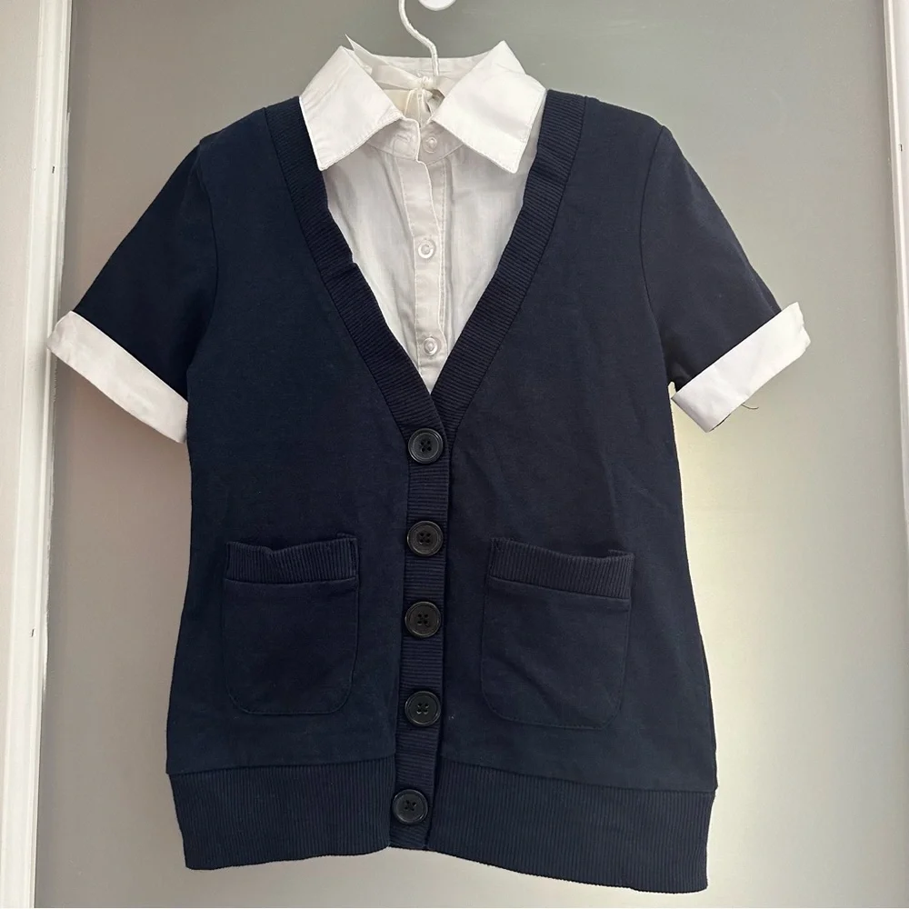 Basic Editions navy & white faux blouse under a sweater📓🚌