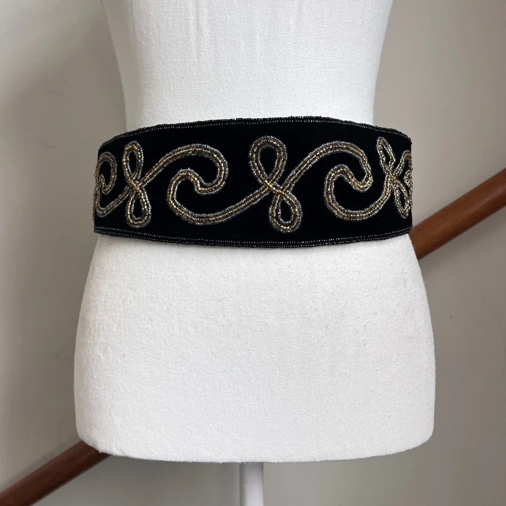 Vintage 90s Beaded Velvet Waist Belt Black Metallic Ornate Statement Chunky Wide