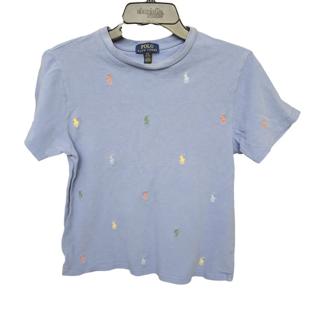 Polo Ralph‎ Lauren Kids Blue Multi Color All Over Pony Embroidered Shirt L 14-16