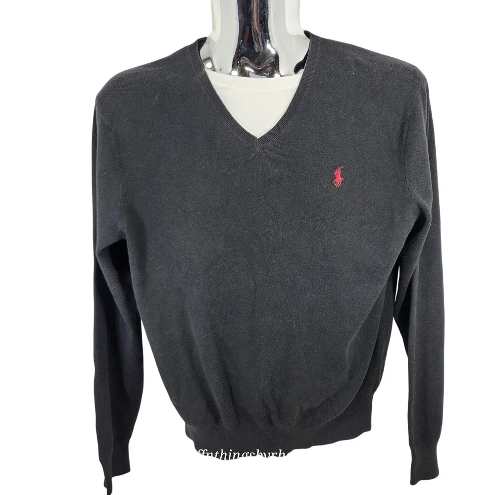 Polo Ralph Lauren Men Long Sleeve V-Neck PullOver Sweater Blk Pima Cotton Large‎