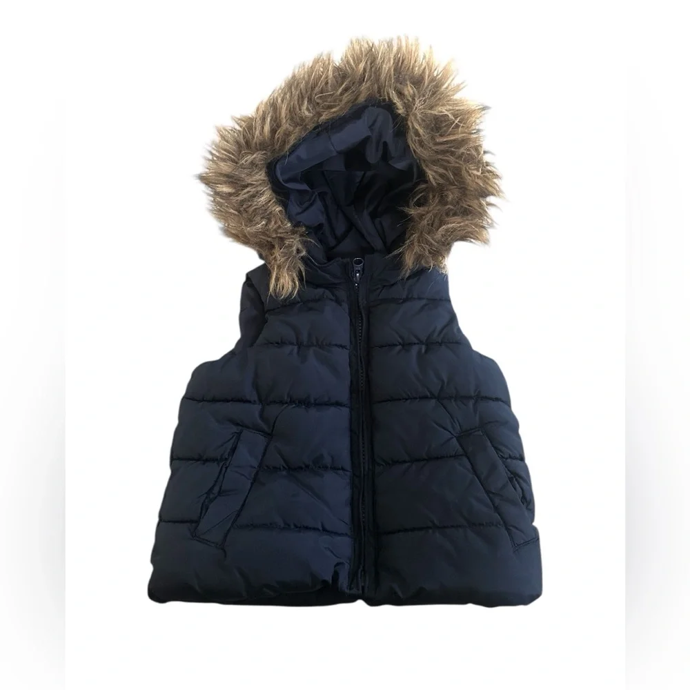 GAP Faux Fur Hood Puffer‎ Vest Navy Blue Toddler Boy 2T
