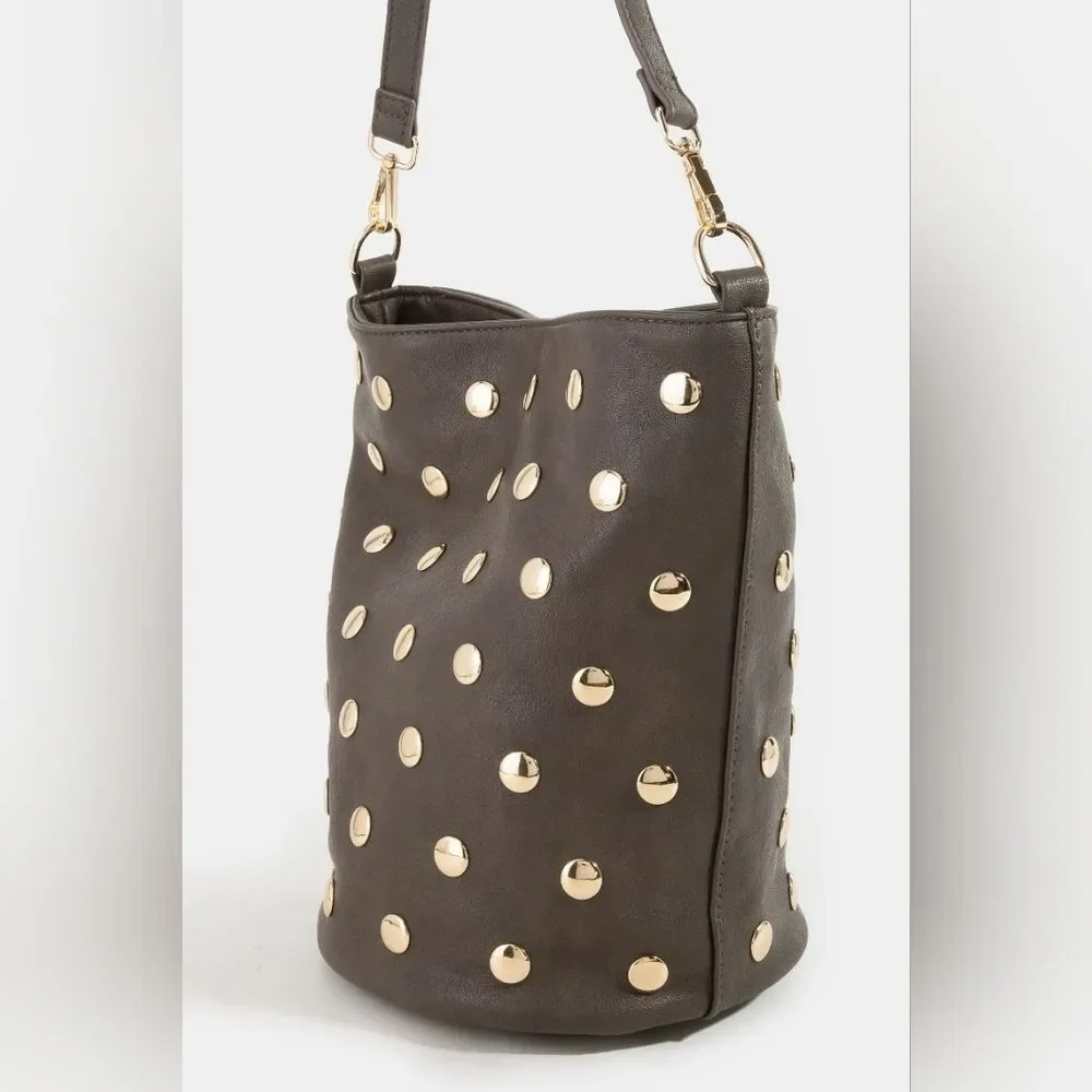 Fame Casual Studded Faux Leather Taupe Or Tan Bucket Bag