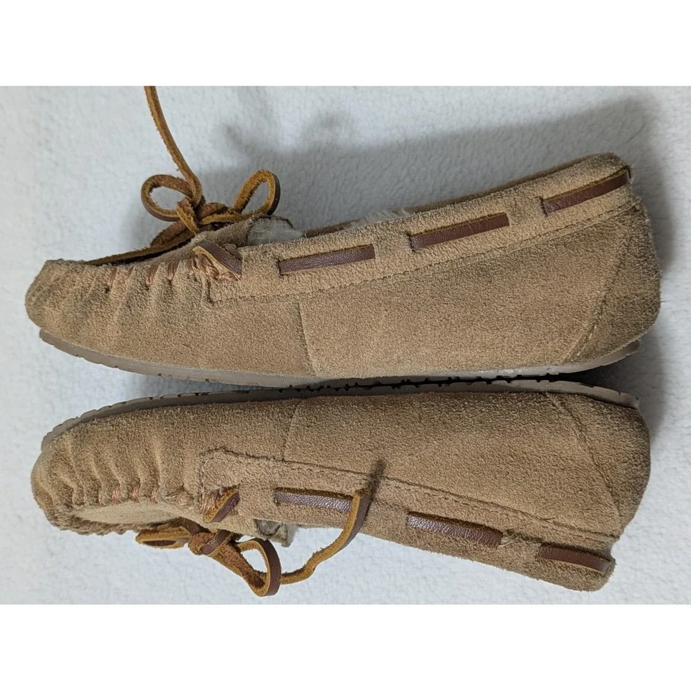 Minnetonka Moccasins Girls Suede Slippers Faux Fur Lined Kids Shoes Sz 12 Youth