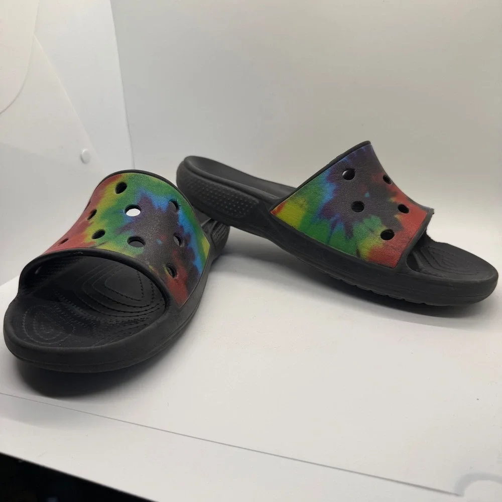 Crocs‎ Classic Slide Tie Dye Black Multi Color Sandals Mens 7 Womens 9 206121