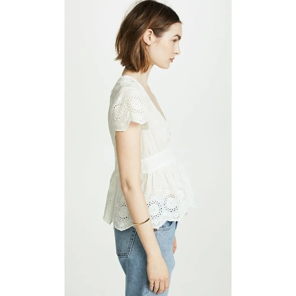New! FREE PEOPLE Truly Your Eyelet Cutout Peplum Top Blouse Size Small Ivory