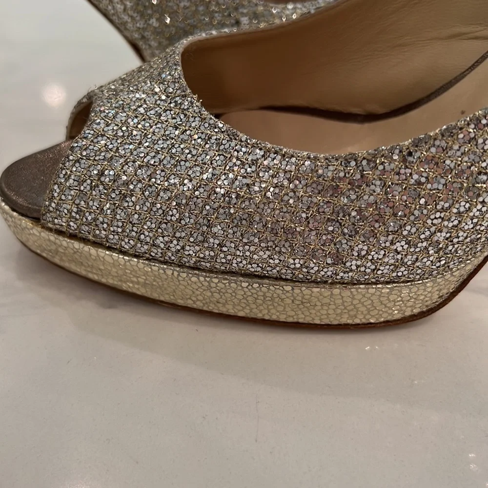 JIMMY CHOO SILVER SEQUIN EVENING PLATFORM SLINGBACK OPEN TOE HEELS SIZE 40 (9)