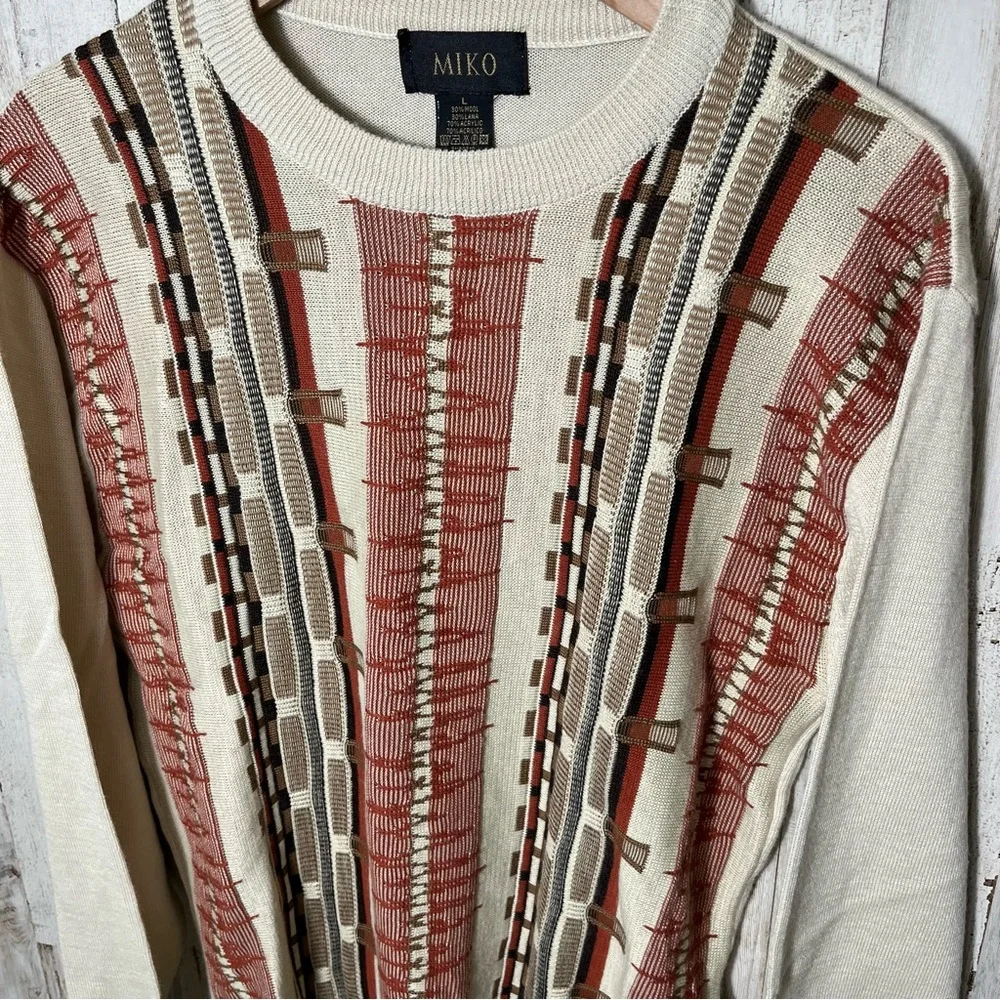 Vintage 90s Coogie Like Earth Tone Grandpa 3D Knit Wool Blend Sweater Mens Large