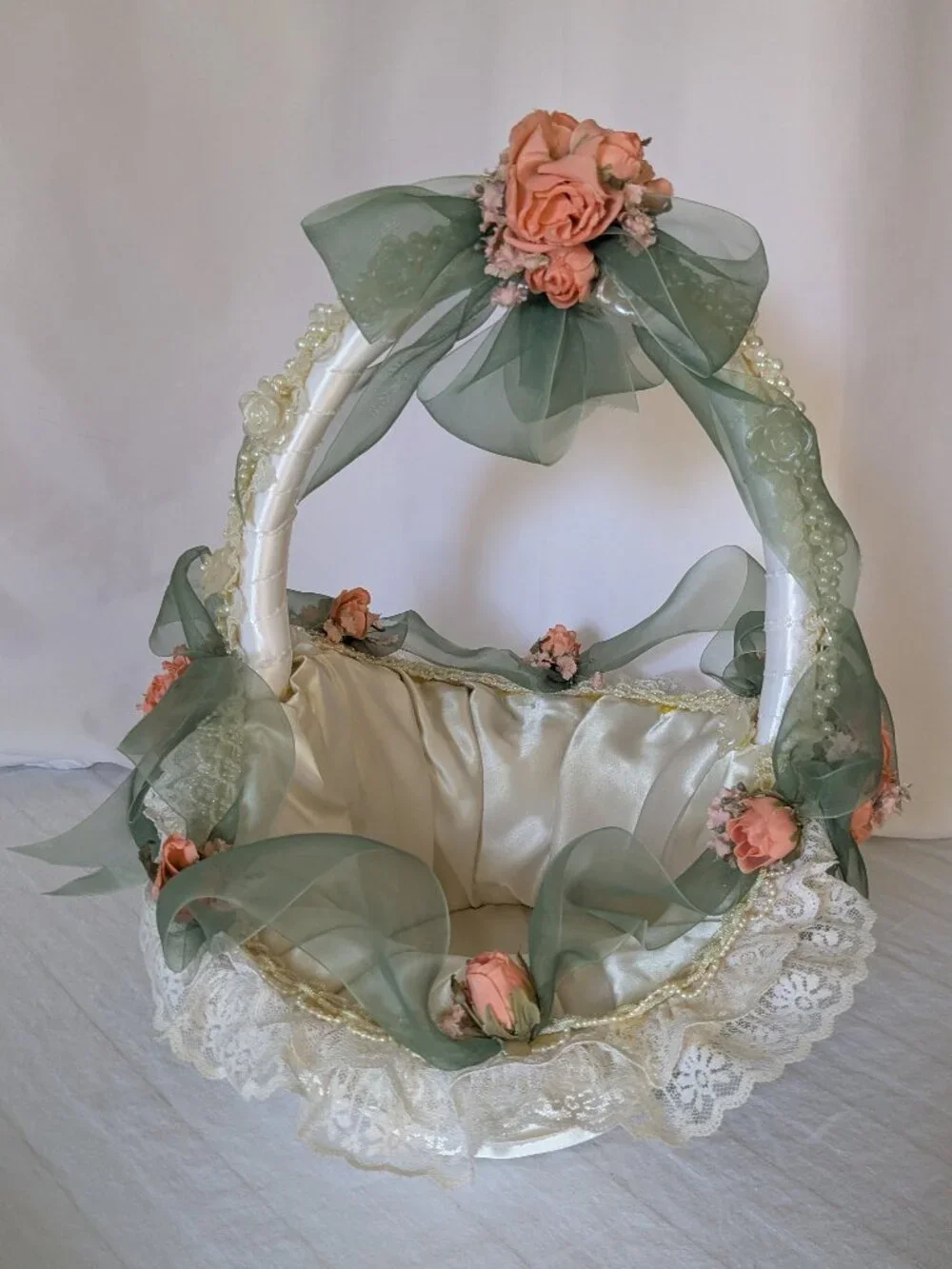Handmade Lace Pearls Roses & Satin Wedding Baby Cheer Gift Basket