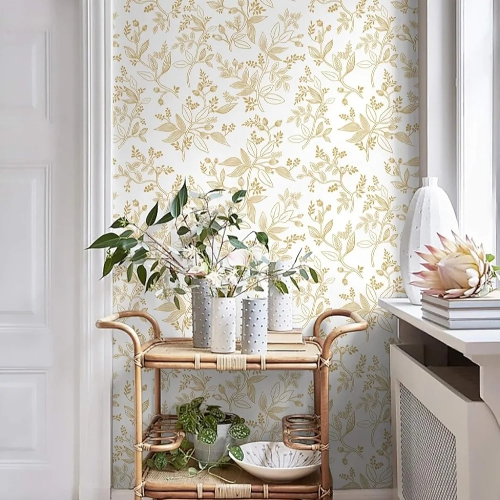 4‎ Rolls Floral Wallpaper Peel and Stick White and Gold Contact Paper Modern