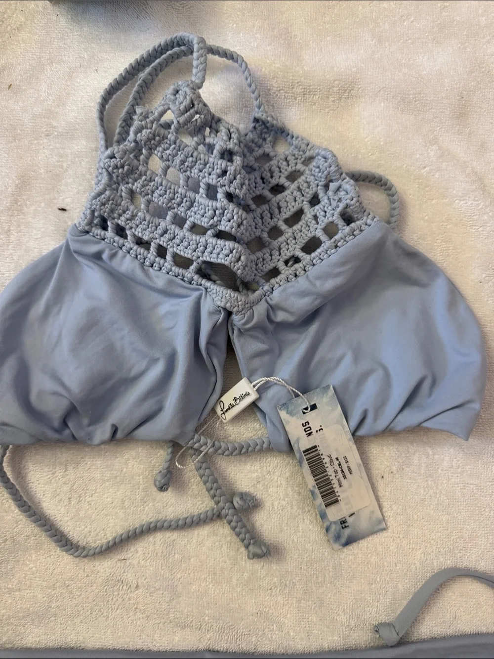 NWT 3-piece Frankie’s Bikinis Set- High-Neck Crochet top, String Top,Nick Bottom