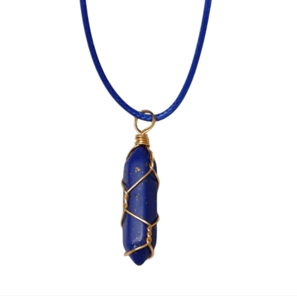Healing Crystal 14K Gold Wire Wrapped‎ Lapis Lazuli Stone Point Pendant Necklace