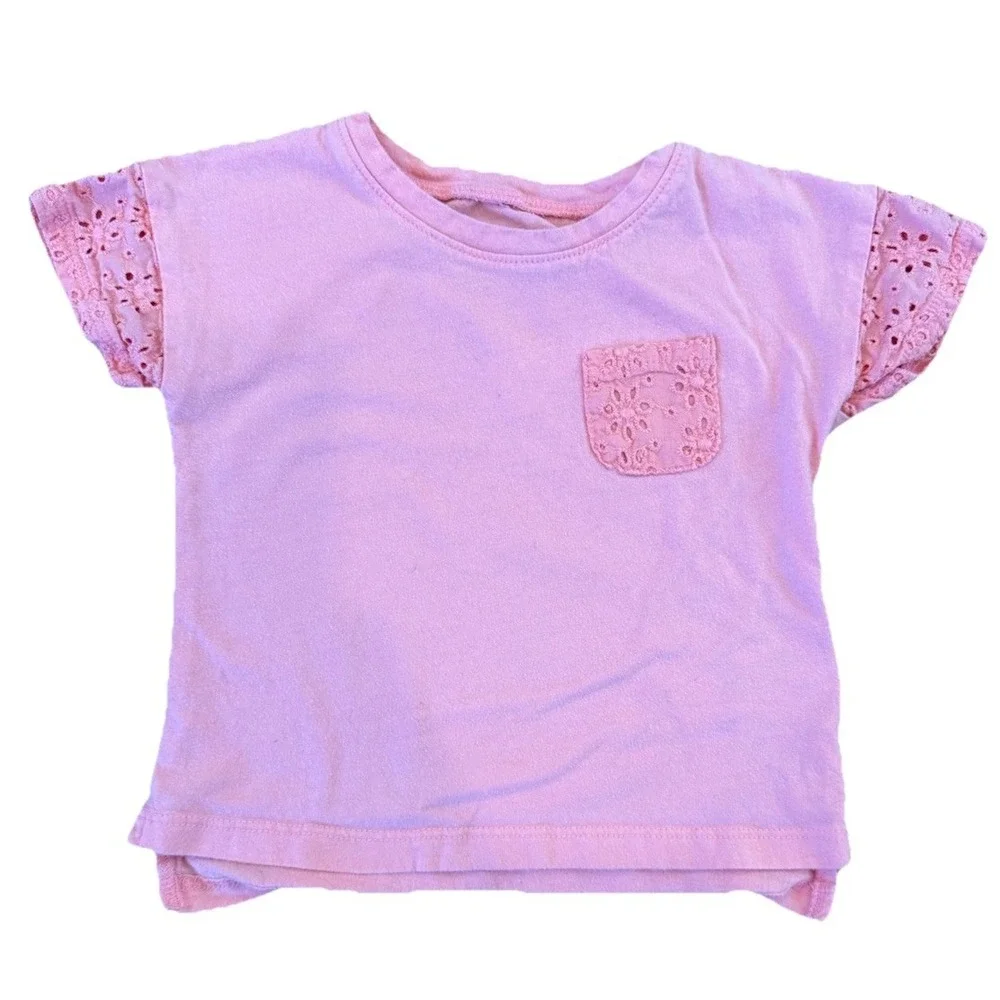 Genuine OshKosh B'gosh Pink Floral Eyelet Sleeve Pocket TShirt Toddler Girls 12M