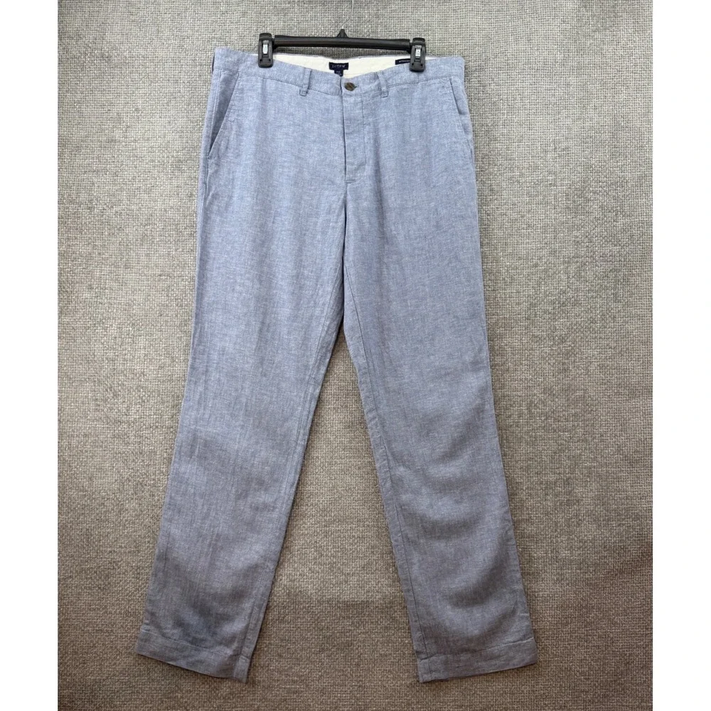 J.Crew Straight Fit Pant Linen Cotton Mens 34x32 Fits (36x32) Blue Lightweight