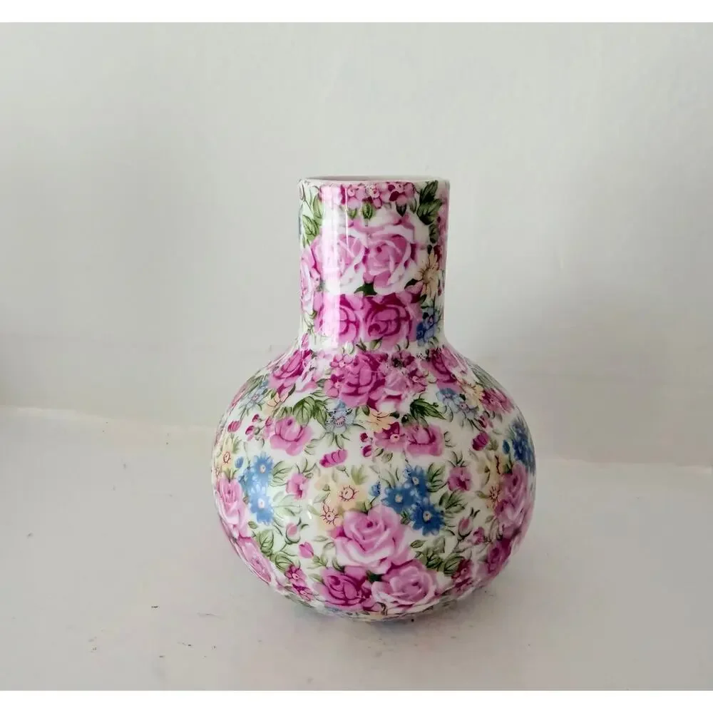 Irice Chintz Bud Vase Tumble Up IW Rice Co Japan Cabbage Rose Bedside Carafe