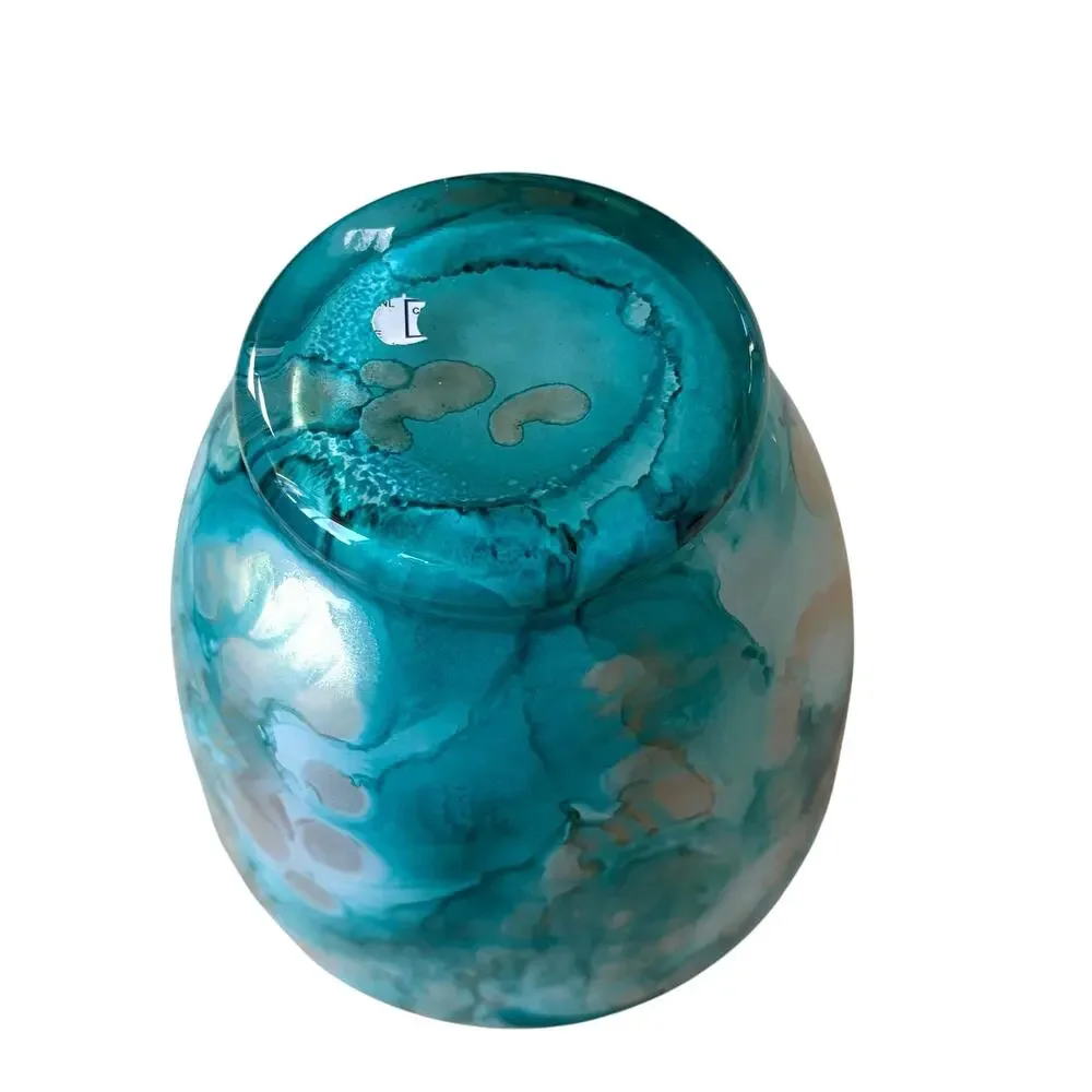 Italian Murano Turquoise Watercolor Art Glass Vase 10.5in Hand Blown NEW