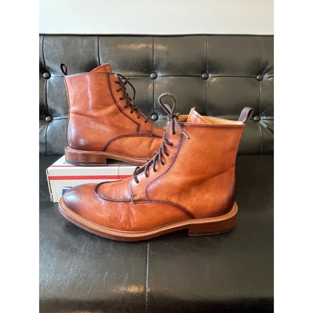 Curatore Mens Cognac Leather Apron Toe Lace Up Boots‎ Burnished