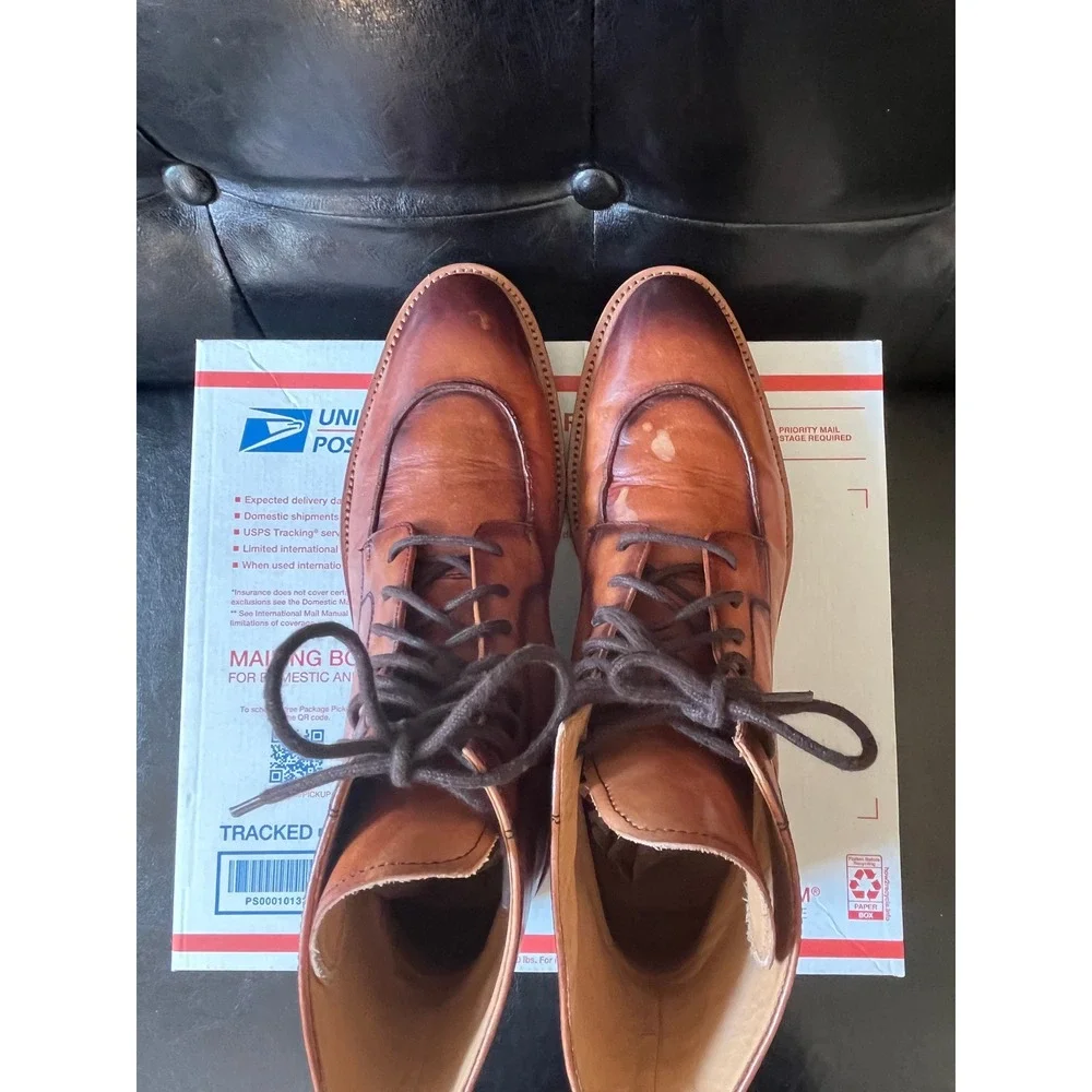 Curatore Mens Cognac Leather Apron Toe Lace Up Boots‎ Burnished