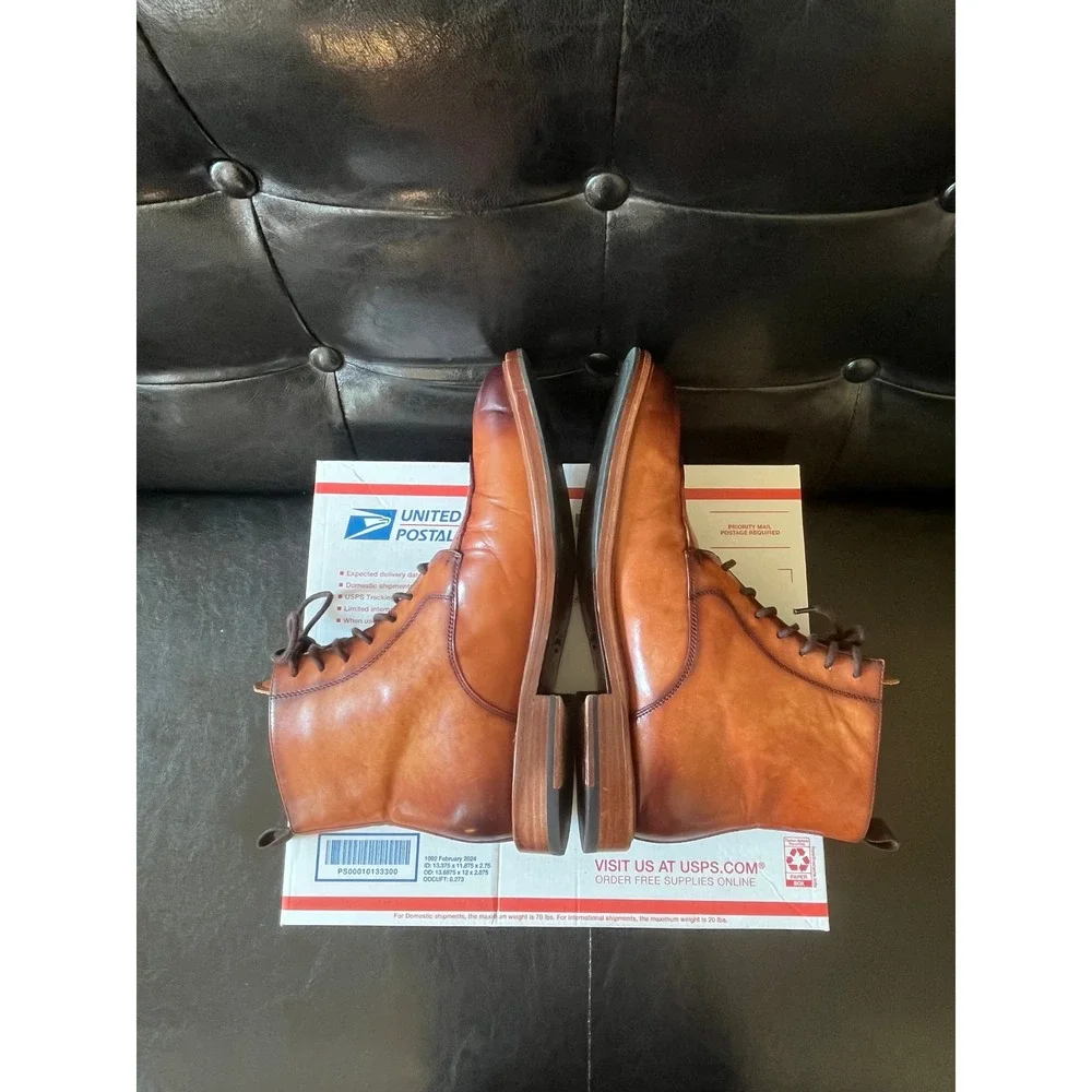 Curatore Mens Cognac Leather Apron Toe Lace Up Boots‎ Burnished
