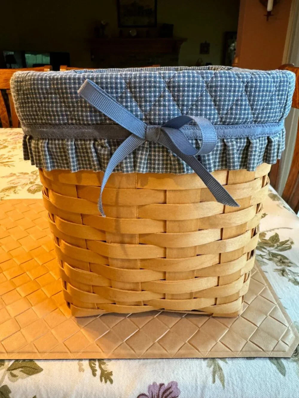 Royce Craft Basket Handwoven Wood with Plaid Lining 7 3/4