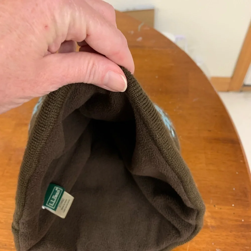 LL BEAN kids beanie hat fleece lined chocolate brown turquoise accent OSFM