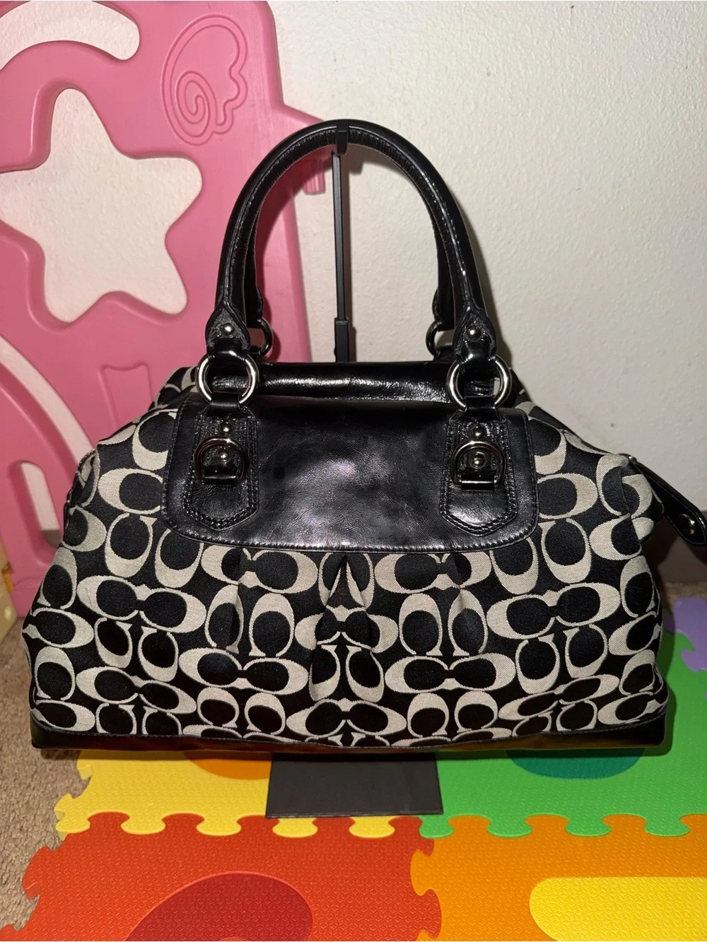Coach Black and Ivory Logo Satchel with Patent Trim