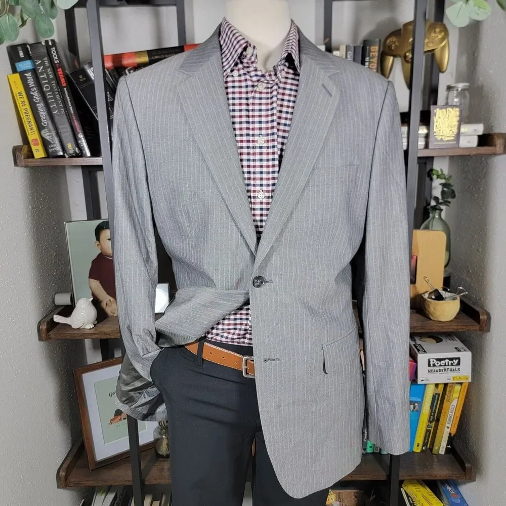 Express Men's Sport Coat Blazer Two Button Gray Striped Polyester Blend Size 42L