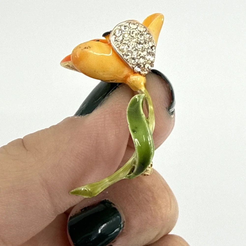 Vintage Kramer Pave Rhinestone Orange Green Enamel Flower Gold Tone Pin Brooch