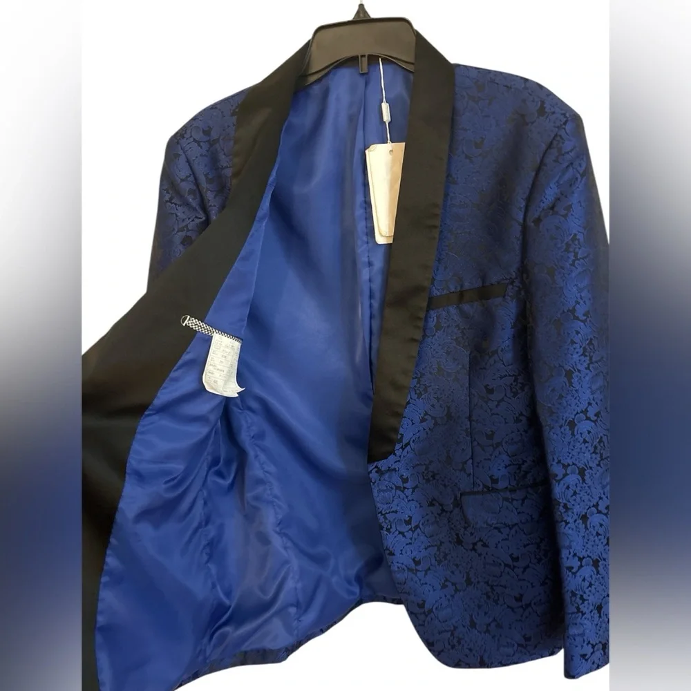 Men's Blue and Black Lacquard Floral Print Blazer  us large / eu40