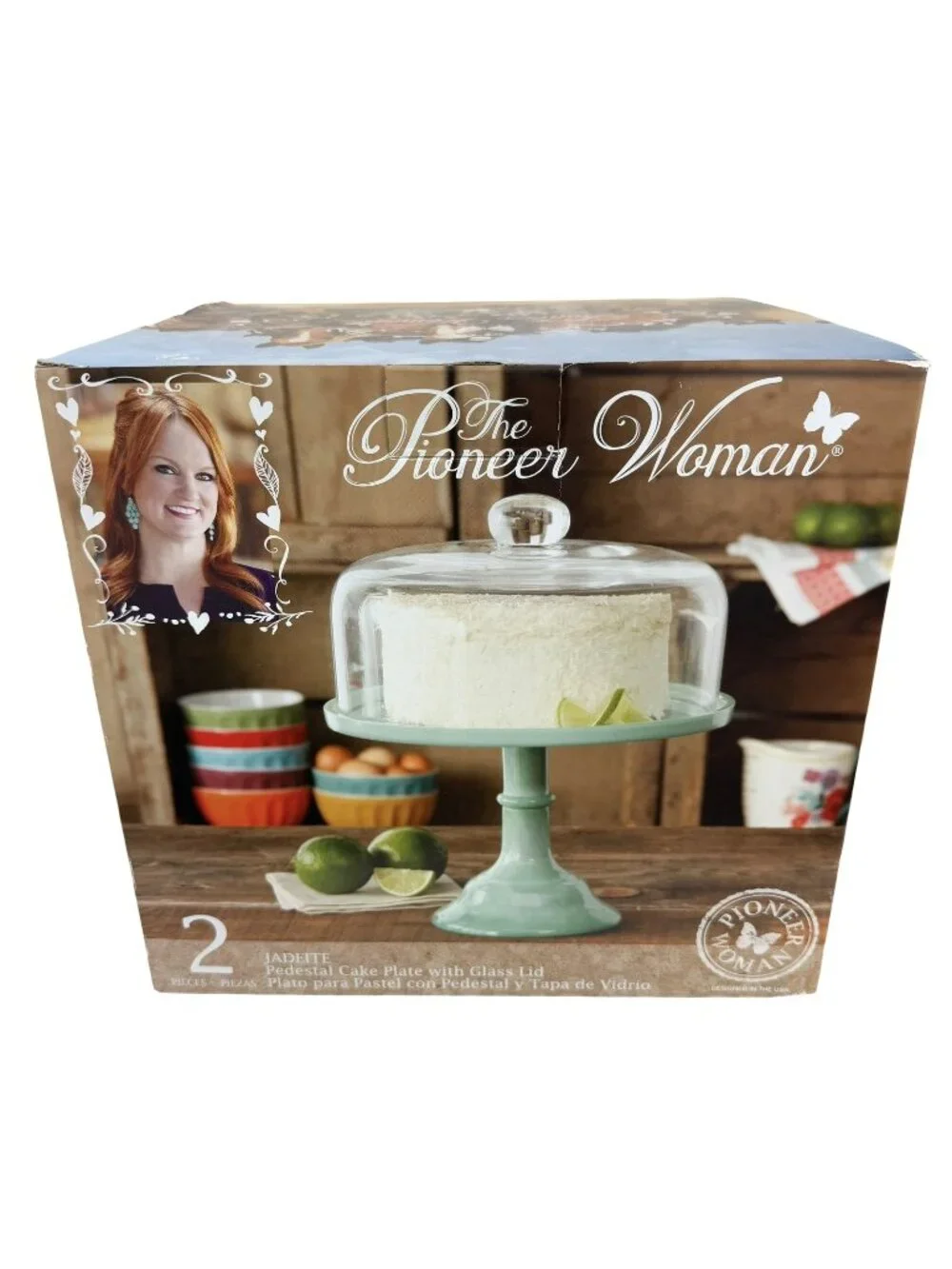 The Pioneer Woman Jadeite Green Pedestal Cake Plate Stand 10” W/ Glass Lid NEW