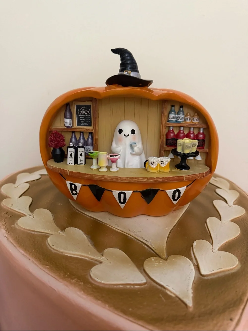 Resin Halloween Pumpkin Boo Bar with Ghost, Witch Hat & Cocktails