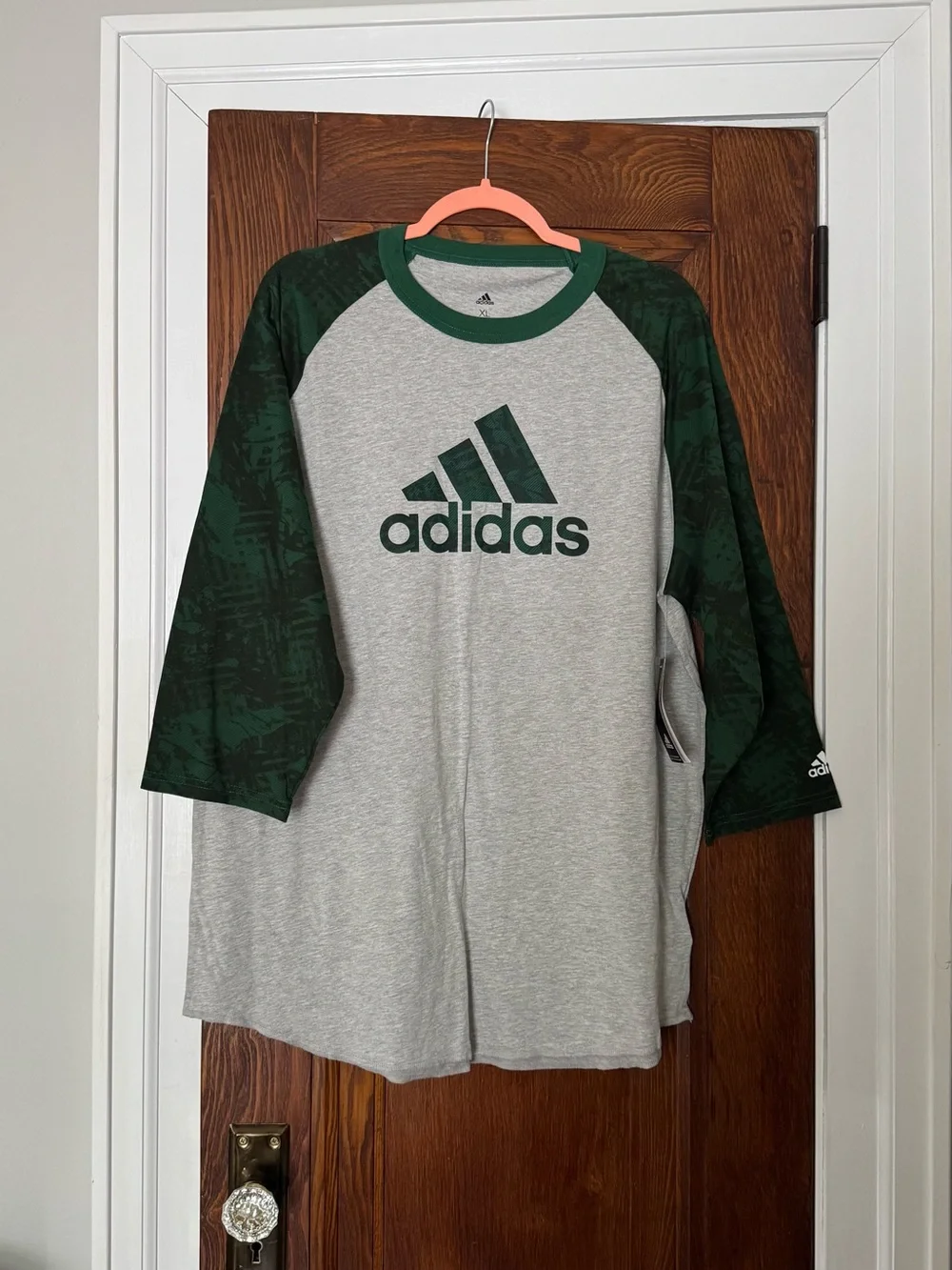 NWT adidas Heather Gray Baseball Tee with Dark Green Trim XL