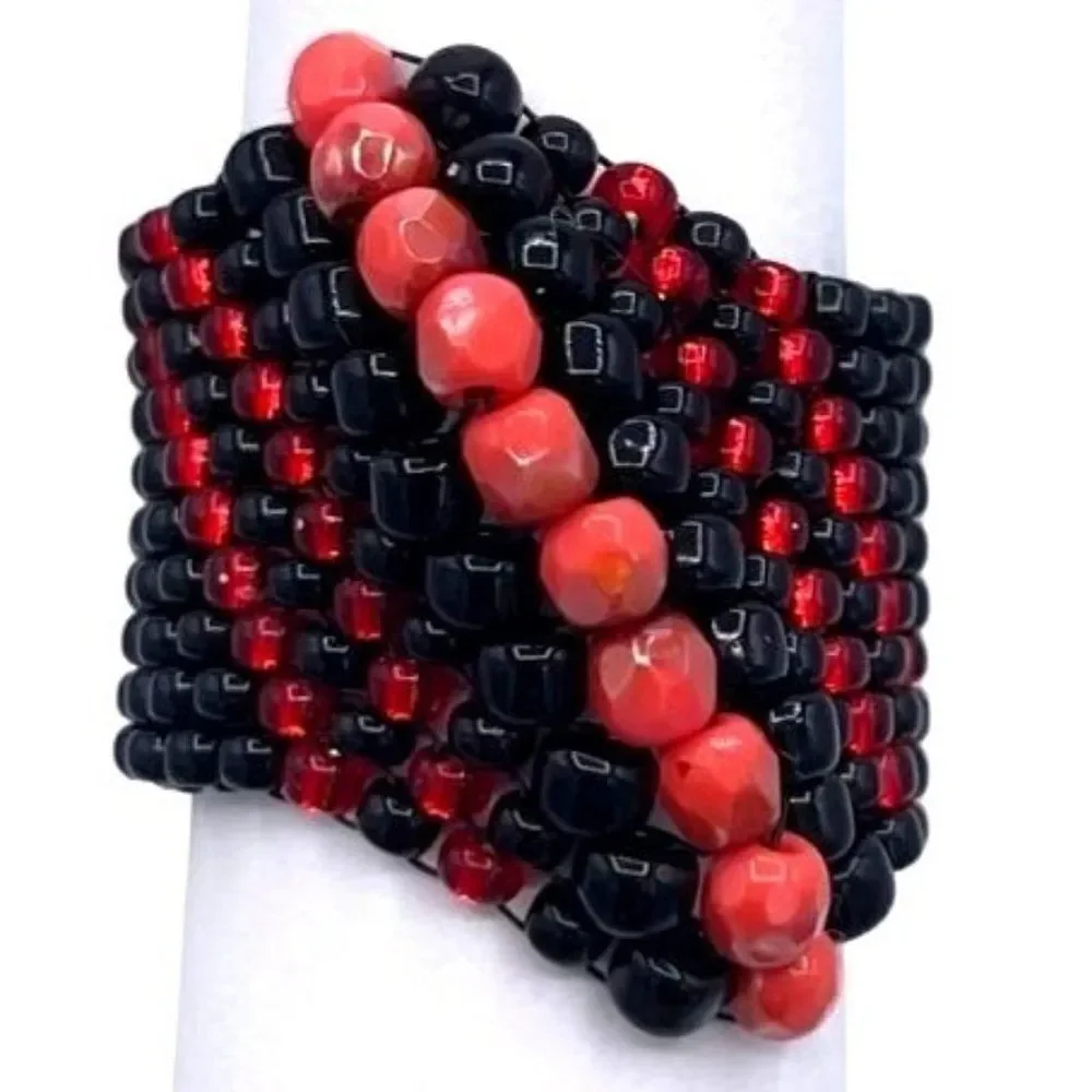 Black with Red Crystal Cellini Spiral Statement Ring Size 7