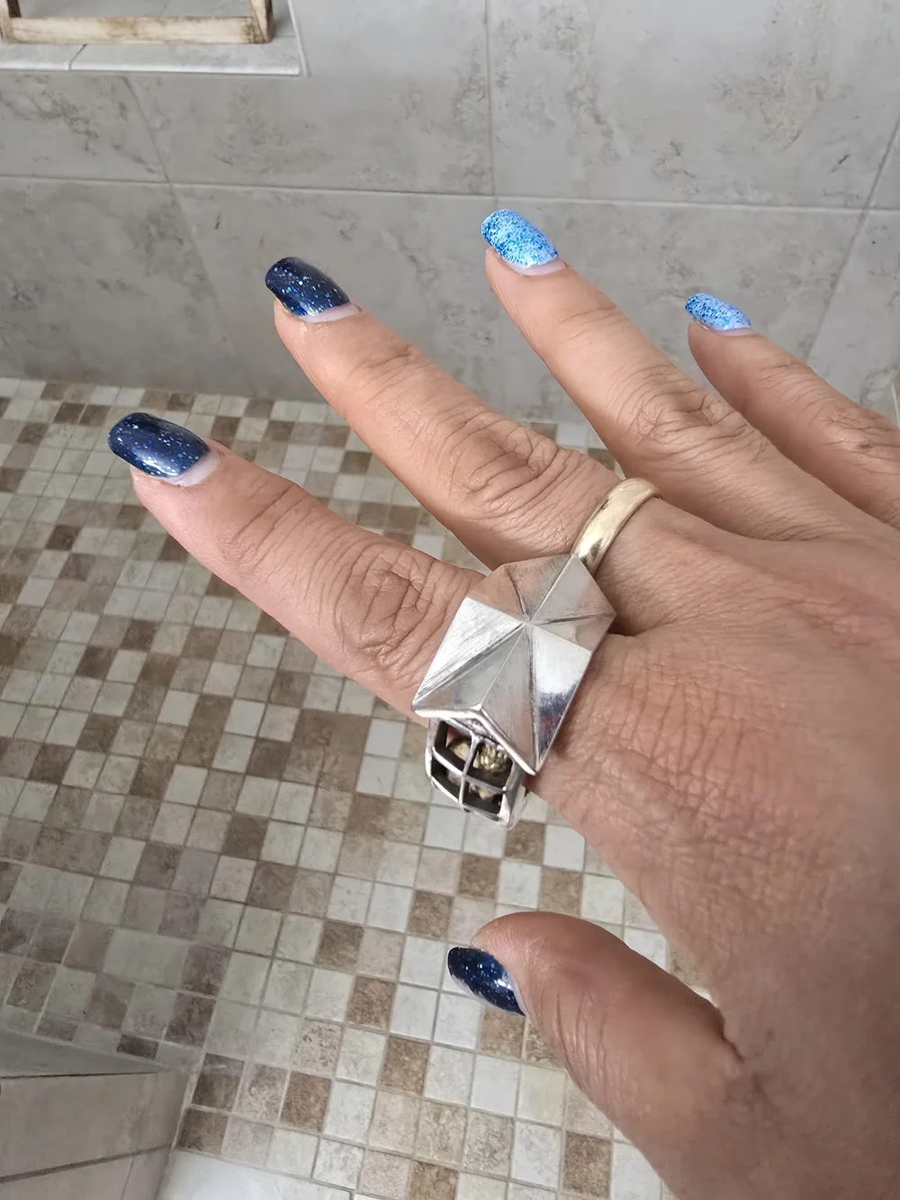 Sterling Silver Architectural House Ring with Gold Accents