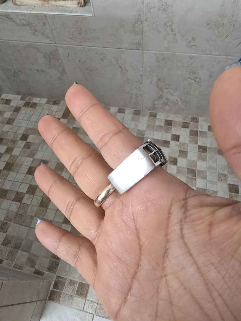Sterling Silver Architectural House Ring with Gold Accents