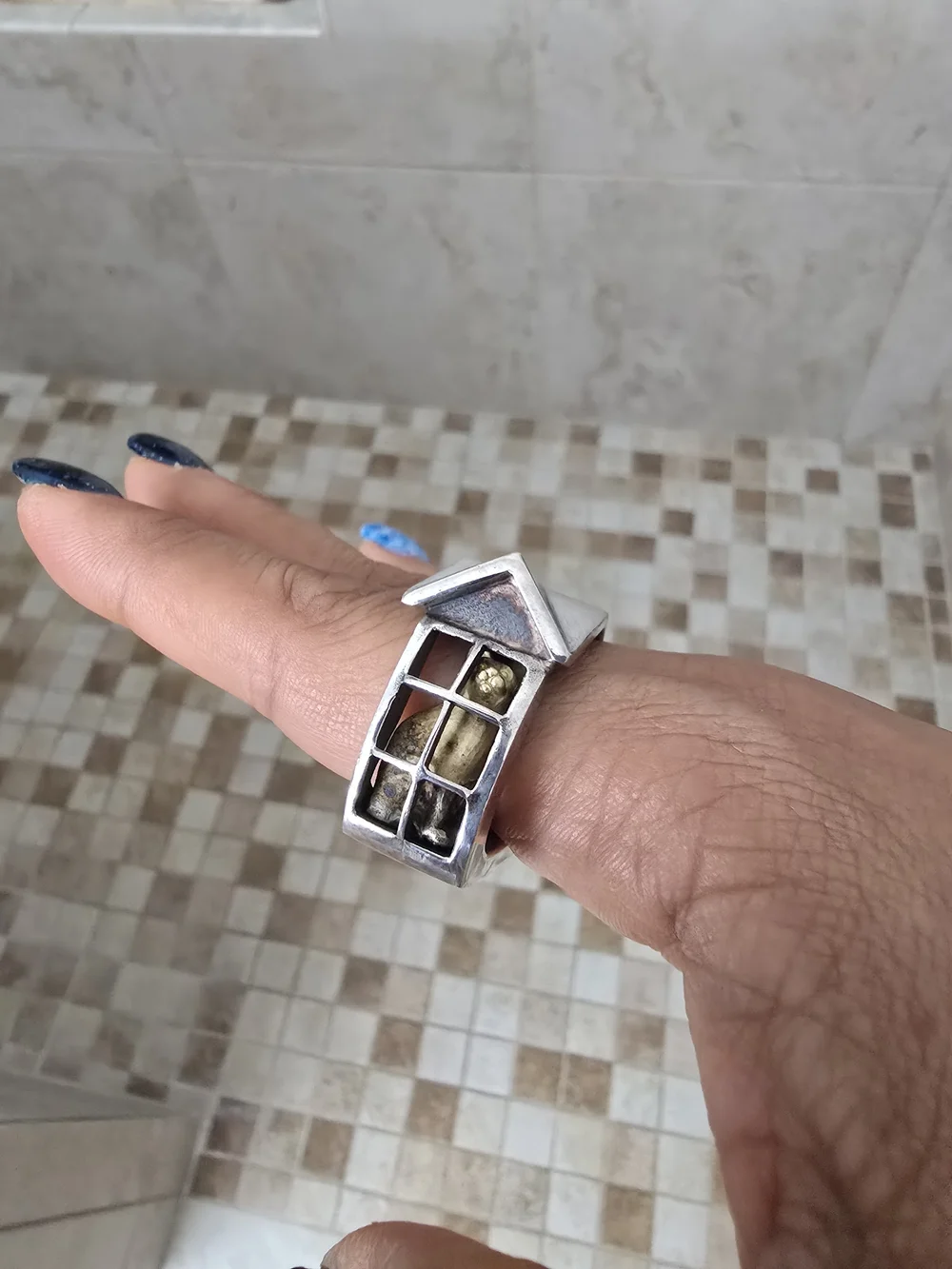Sterling Silver Architectural House Ring with Gold Accents