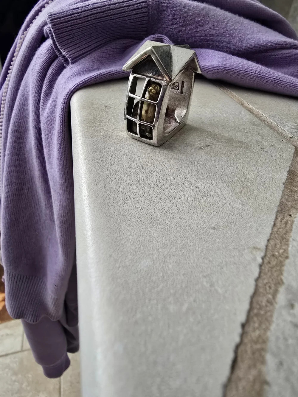 Sterling Silver Architectural House Ring with Gold Accents
