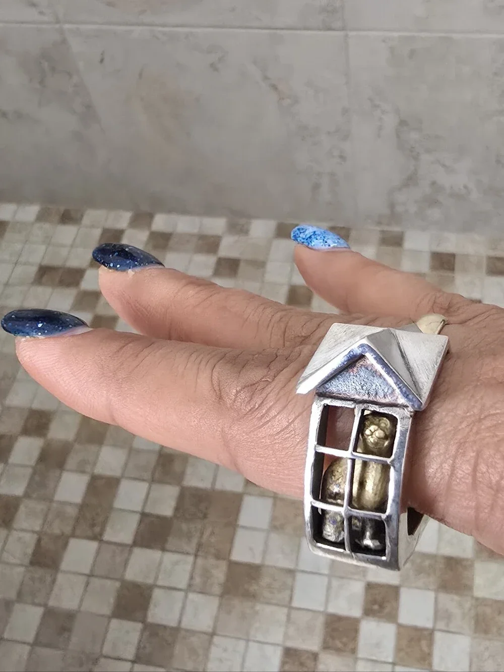Sterling Silver Architectural House Ring with Gold Accents