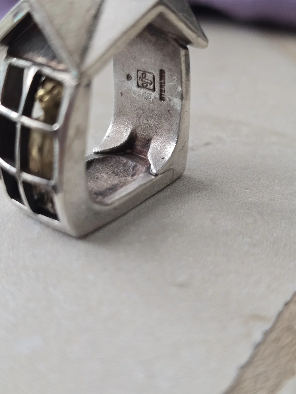 Sterling Silver Architectural House Ring with Gold Accents