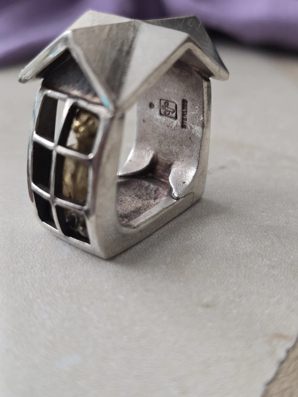 Sterling Silver Architectural House Ring with Gold Accents