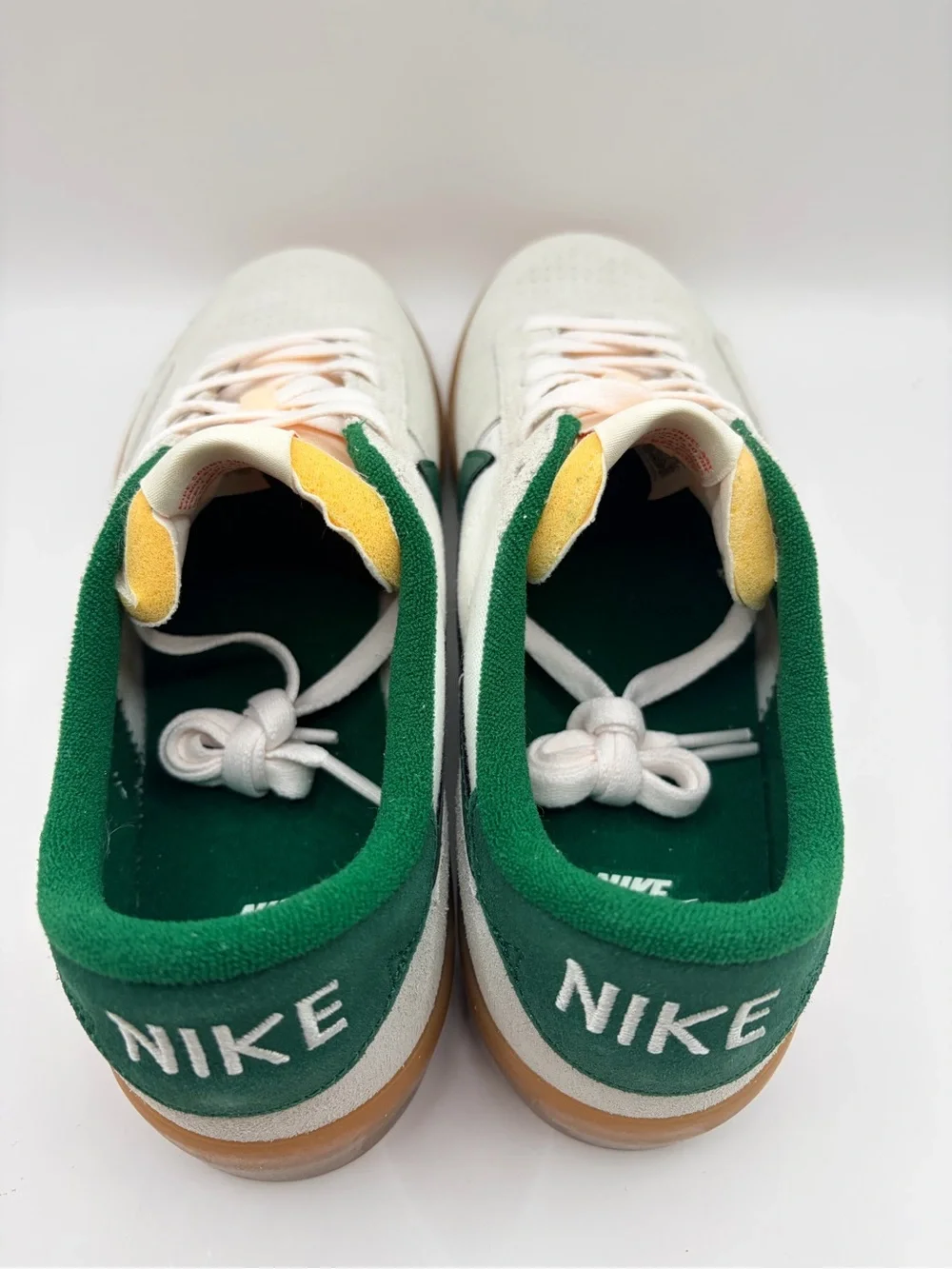 Nike Men’s White Suede Sneakers with Green Swoosh and Gum Sole