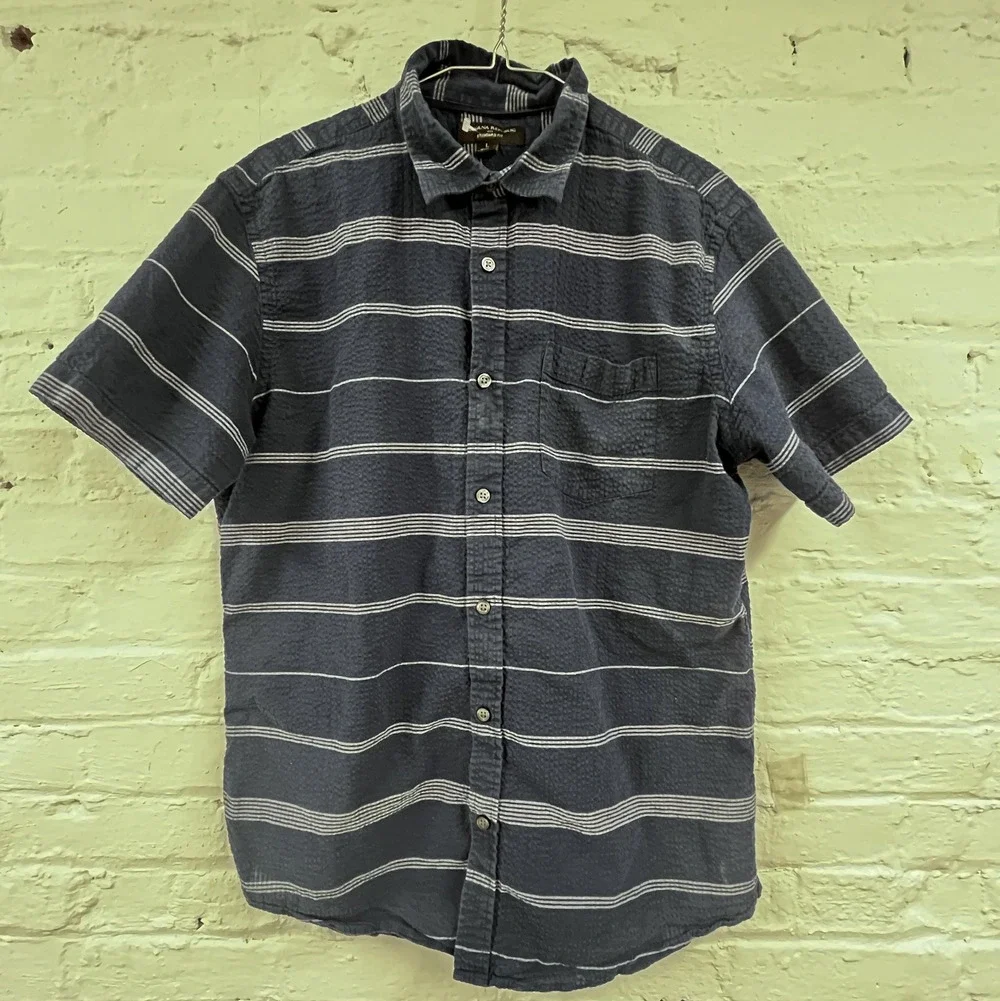 Banana Republic Seersucker Shirt Mens Large Blue Striped Short Sleeve Button Up