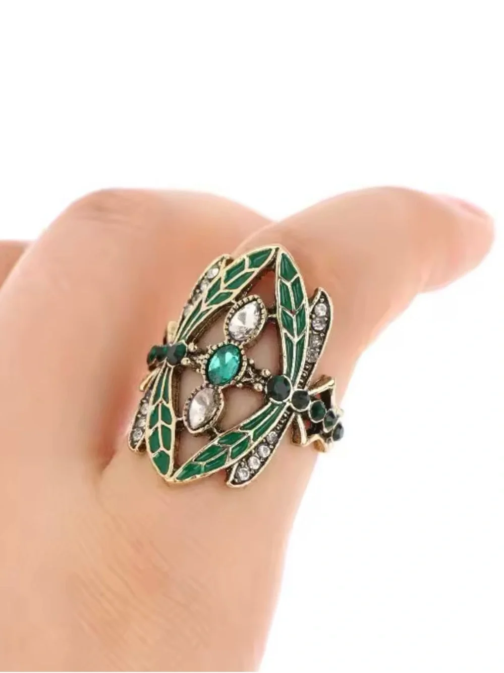 NEW! Green Enamel Dragonfly Ring with Emerald and Crystal Accents.