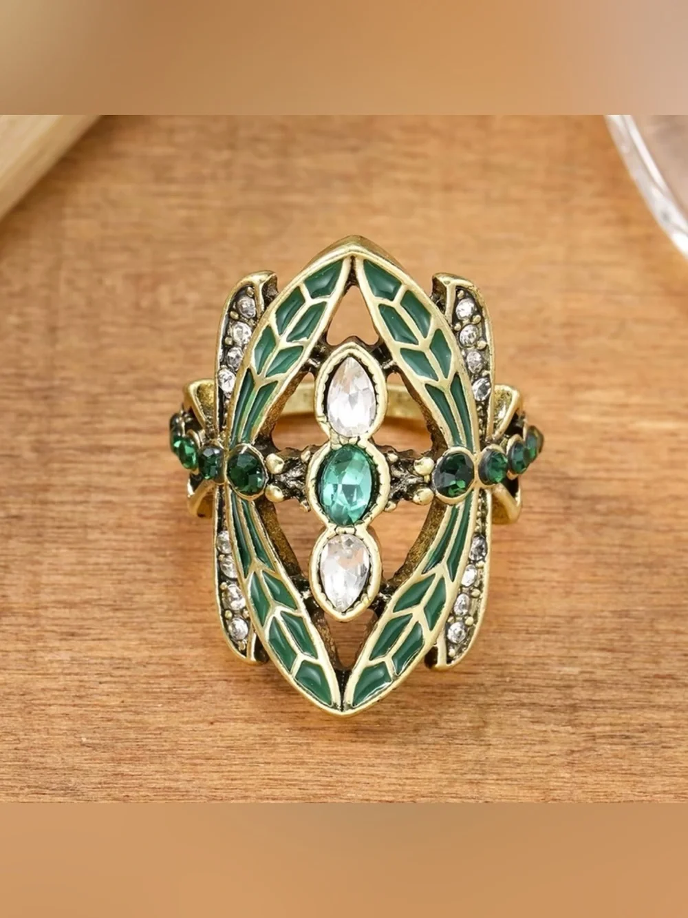 NEW! Green Enamel Dragonfly Ring with Emerald and Crystal Accents.