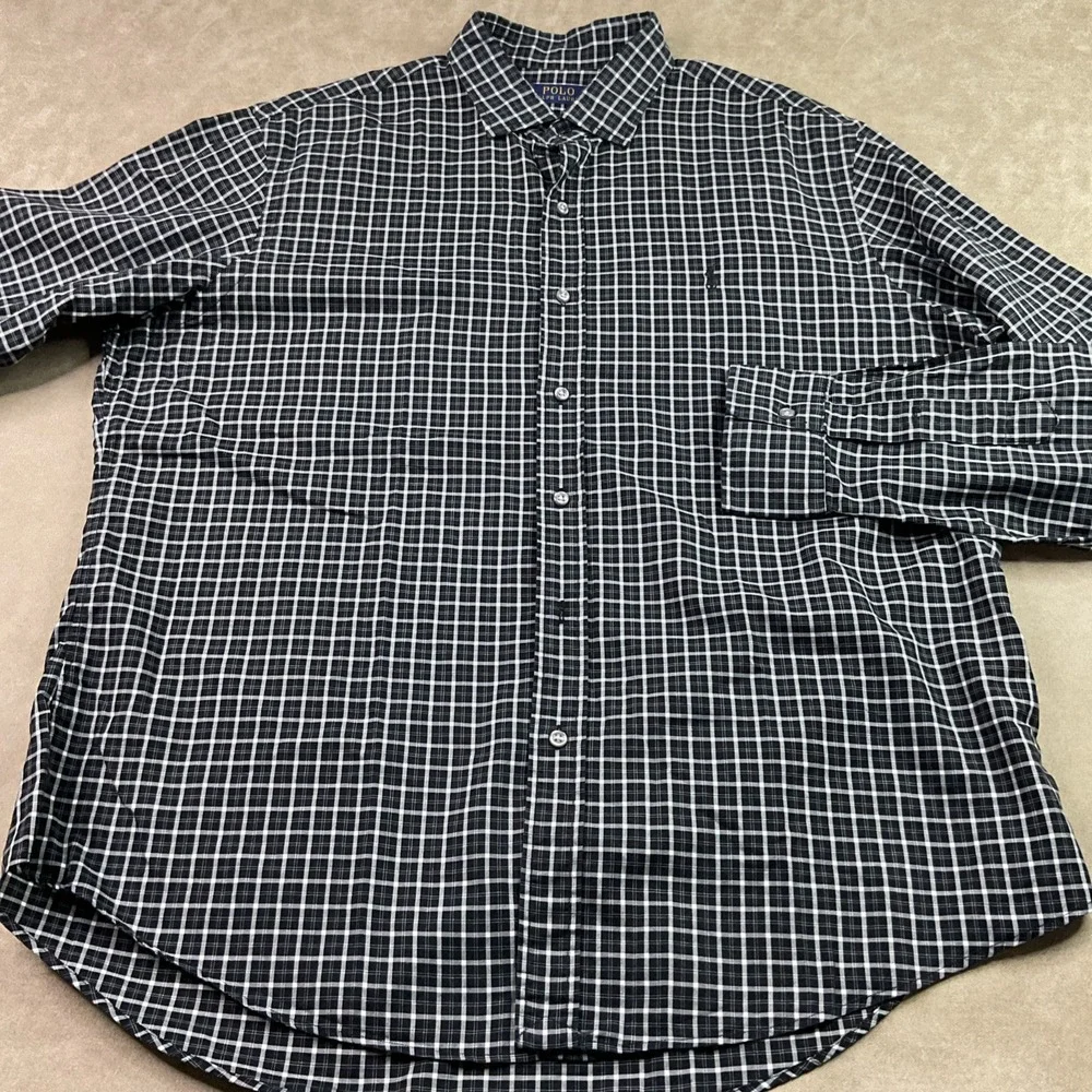 Polo Ralph Lauren Shirt Men Sz XL Plaid Checks Black White Long Sleeve Button Up